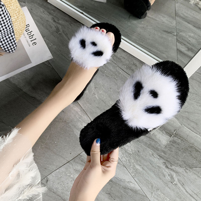 Fur Slippers Women Cartoon panda Fur Slides Home Furry Flat Sandals Female Cute Fluffy House Shoes Woman Brand Luxury 2019