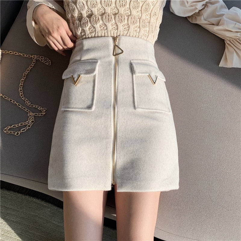 EACHIN Women High Waist Tweed Skirt Women Autumn Winter Fashion Front Zip Slim A Line Mini Skirt Female Sexy Korean Bottom Skirt|Skirts