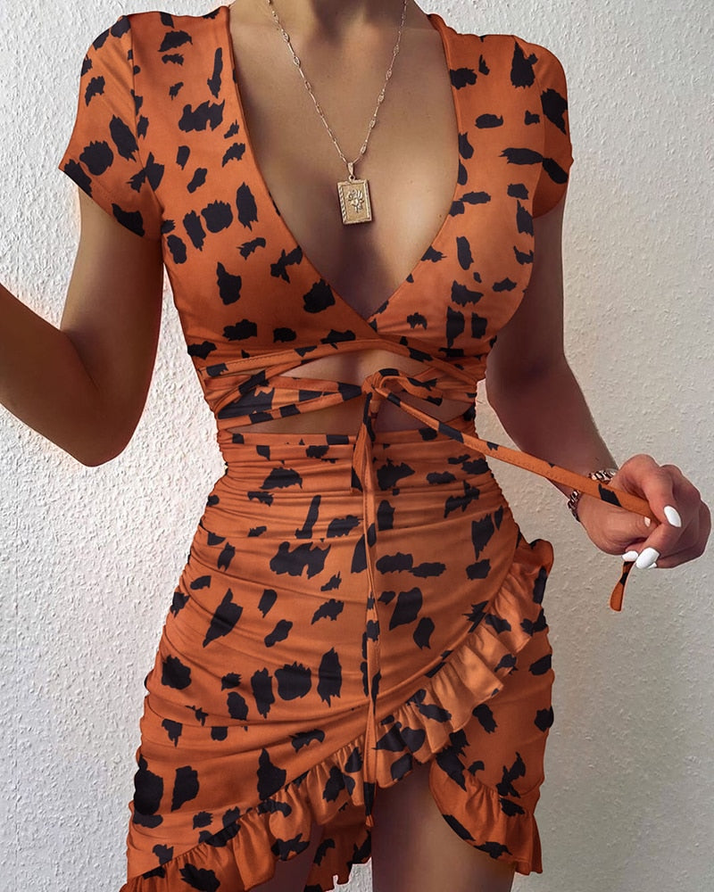 Cryptographic Floral Print Fashion Tie Up Wrap Mini Dress 2020 Summer Holiday Ruffles Sundress Ruched Women's Dress Short Sleeve|Dresses