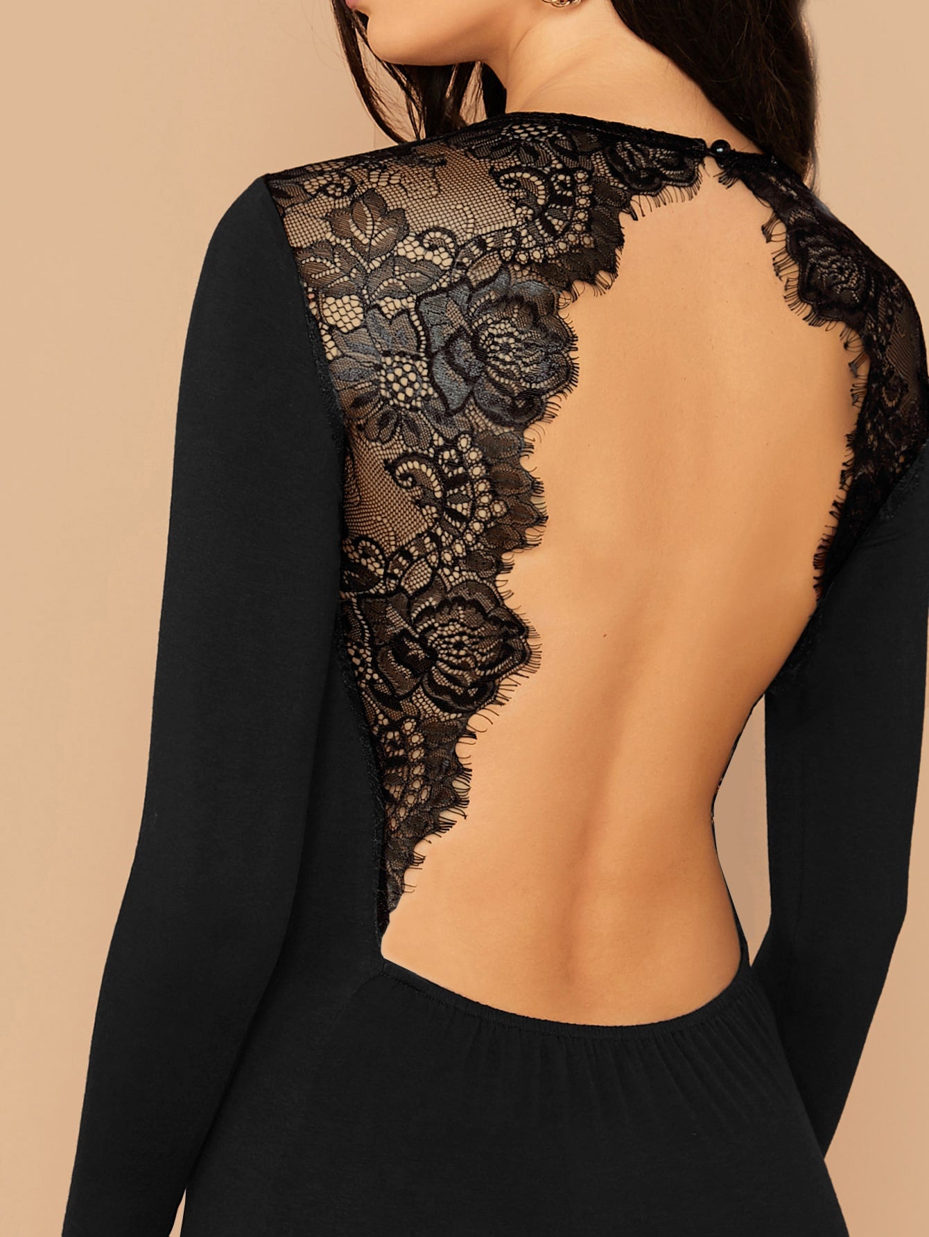  Lace Insert Backless Bodycon Dress