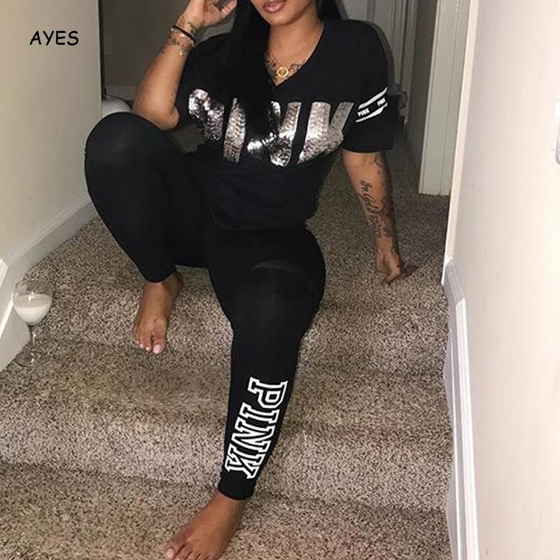 Women Set PINK Letter Print Sweatsuit Women Casual Plus Size Tops Skinny Pants Sweat Suit Two Piece Tracksuit 2 Piece Set S XXXL