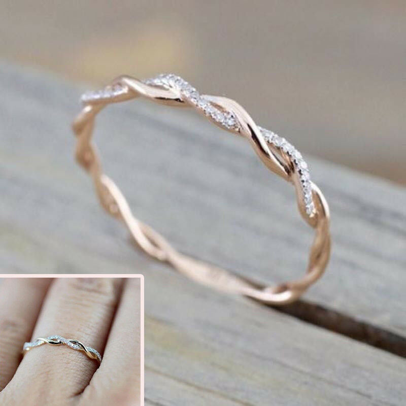 Fashion Women 14K Solid Rose Gold Stack Twisted Ring Wedding Party Women Jewelry