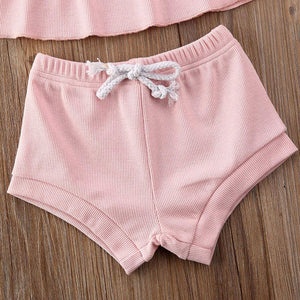 Newborn Baby Boys Girls Summer Outfits Infant Ribbed Knitted Cotton Short Sleeve T-Shirt + Shorts Two Piece Clothes Set