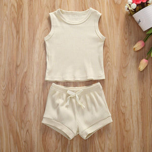 Newborn Baby Boys Girls Summer Outfits Infant Ribbed Knitted Cotton Short Sleeve T-Shirt + Shorts Two Piece Clothes Set