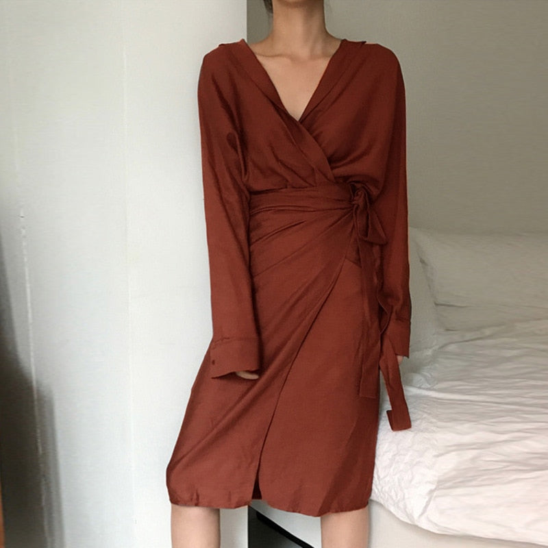 Women New Fashion Casual V Neck Solid Color Loose Long Sleeve Dress 2018