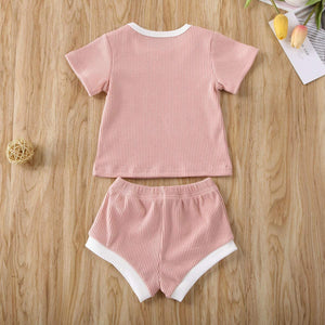 Newborn Baby Boys Girls Summer Outfits Infant Ribbed Knitted Cotton Short Sleeve T-Shirt + Shorts Two Piece Clothes Set