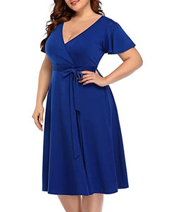 Women‘s Plus Size Faux Wrap V Neck Short Sleeve Midi Wedding Guest Party Casual Dresses