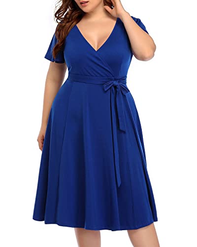 Women‘s Plus Size Faux Wrap V Neck Short Sleeve Midi Wedding Guest Party Casual Dresses