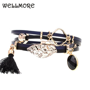 WELLMORE leather bracelets leaf crystal charm bracelets Bohemian bracelets for women party jewelry wholesale