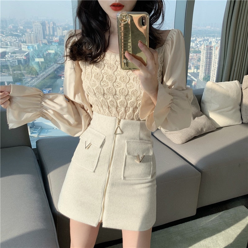 EACHIN Women High Waist Tweed Skirt Women Autumn Winter Fashion Front Zip Slim A Line Mini Skirt Female Sexy Korean Bottom Skirt|Skirts