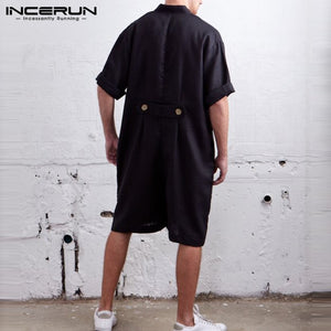 Vintage Men Rompers Pants Half Sleeve Cotton Pockets Playsuit Loose Men Cargo Overalls Jumpsuit Casual Trousers Men 2019 INCERUN