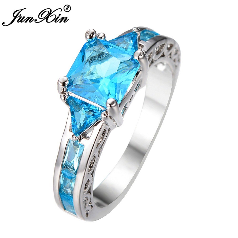 JUNXIN New Fashion Geometric Ring Women Light Blue 10KT White Gold Ring Promise Engagement Rings Gifts For Girlfriend