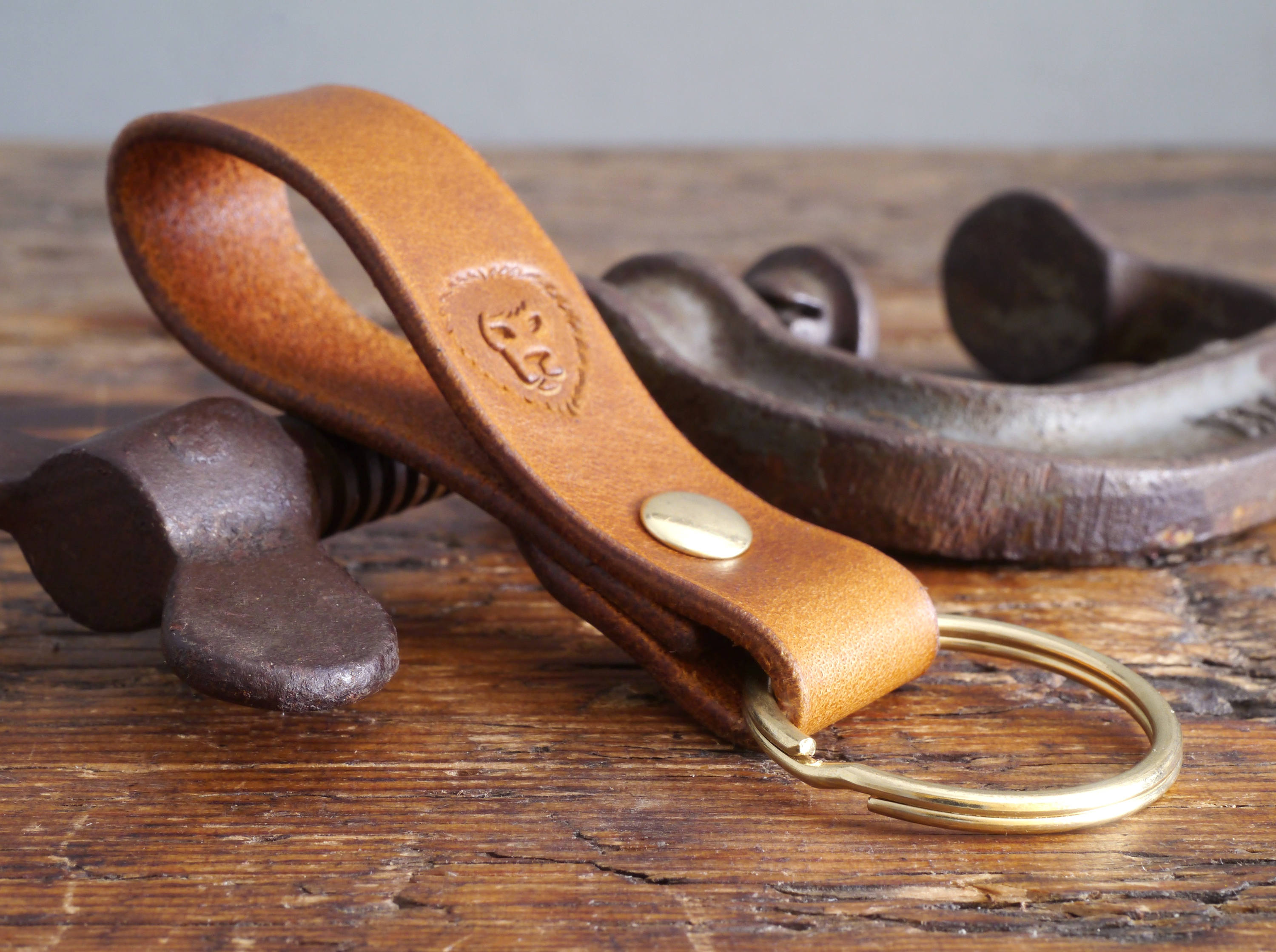 Leather Keyring, Leather Key Fob - Riveted Leather Keychain in Antique Tan