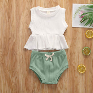 Newborn Baby Boys Girls Summer Outfits Infant Ribbed Knitted Cotton Short Sleeve T-Shirt + Shorts Two Piece Clothes Set