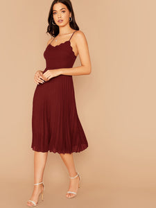  Scallop Trim Pleated Hem Cami Dress