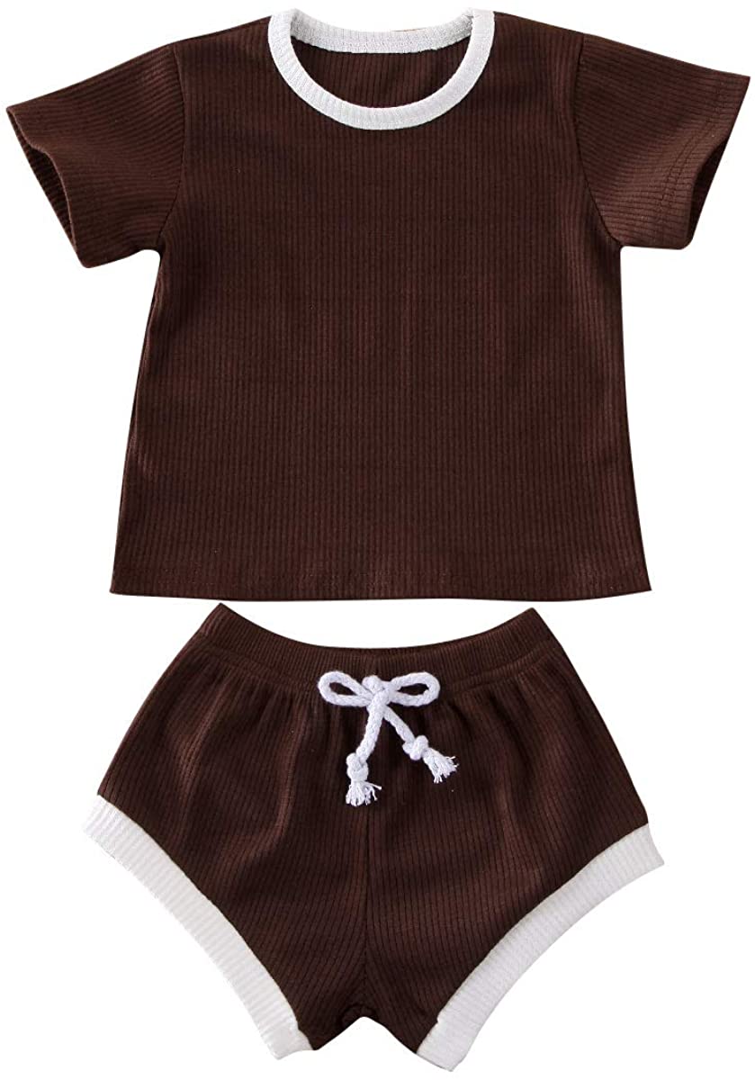 Newborn Baby Boys Girls Summer Outfits Infant Ribbed Knitted Cotton Short Sleeve T-Shirt + Shorts Two Piece Clothes Set