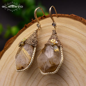 GLSEEVO Natural Ore Pink Crystal Dangle Earrings Hook Women Handmade Luxury Jewelry Boucles D'Oreilles Pour Les Femmes GE0313