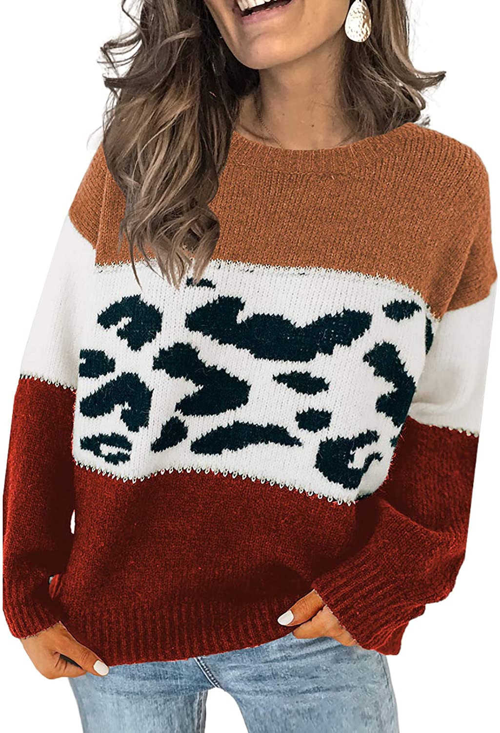 CANIKAT Women's Crewneck Color Block Striped Sweater Long Sleeve Loose Knit Pullover Jumper Tops