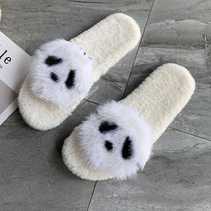 Fur Slippers Women Cartoon panda Fur Slides Home Furry Flat Sandals Female Cute Fluffy House Shoes Woman Brand Luxury 2019