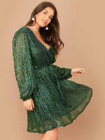 Load image into Gallery viewer,  Plus Lantern Sleeve Surplice Neck Belted Metallic Dress
