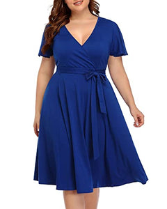 Women‘s Plus Size Faux Wrap V Neck Short Sleeve Midi Wedding Guest Party Casual Dresses