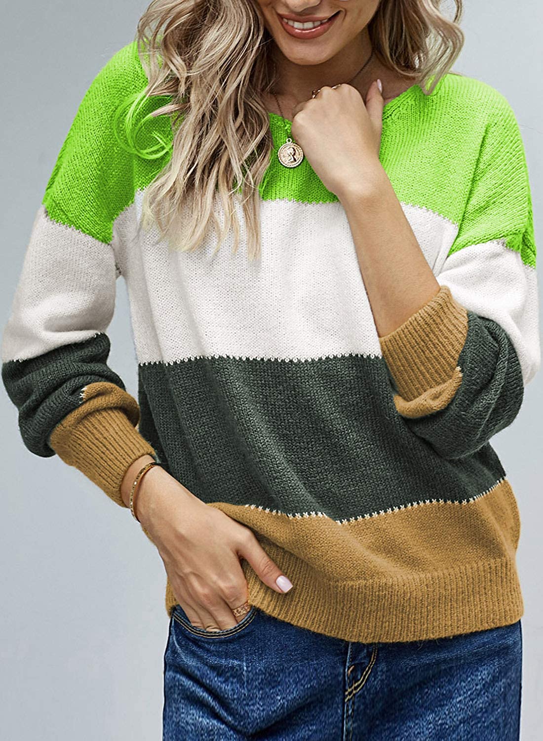 CANIKAT Women's Crewneck Color Block Striped Sweater Long Sleeve Loose Knit Pullover Jumper Tops