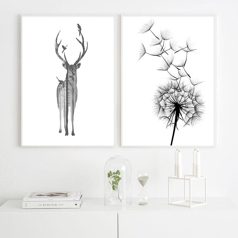 Scandinavian Poster Black White Deer Dandelion Nordic Style Wall Art Canvas Print Painting Decoration Picture Living Room Decor|Painting & Calligraphy