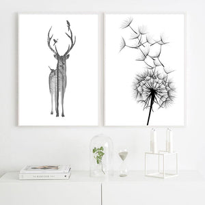 Scandinavian Poster Black White Deer Dandelion Nordic Style Wall Art Canvas Print Painting Decoration Picture Living Room Decor|Painting & Calligraphy