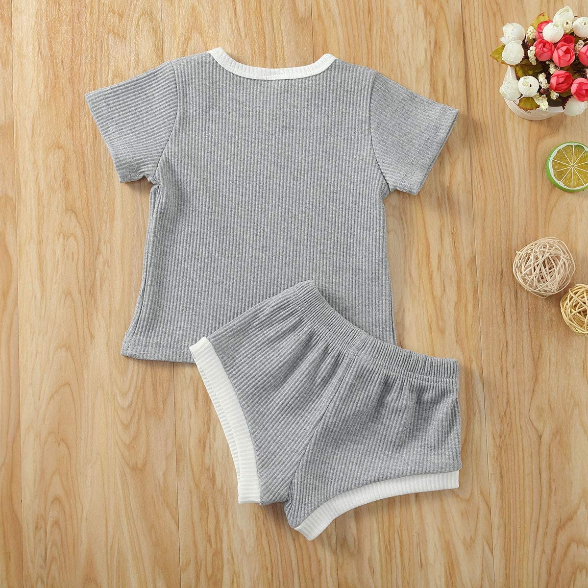 Newborn Baby Boys Girls Summer Outfits Infant Ribbed Knitted Cotton Short Sleeve T-Shirt + Shorts Two Piece Clothes Set