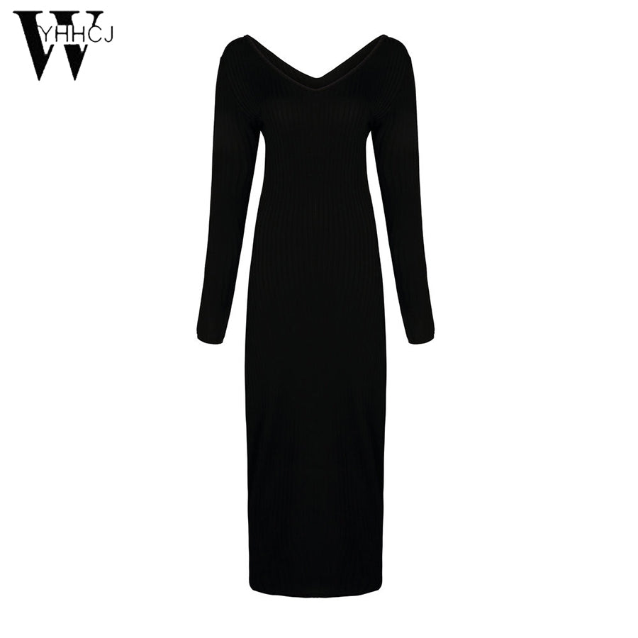 WYHHCJ Sexy V neck cross knitting sweater dress Women elegant long sleeve blackless black female winter Autumn casual dresses