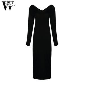 WYHHCJ Sexy V neck cross knitting sweater dress Women elegant long sleeve blackless black female winter Autumn casual dresses