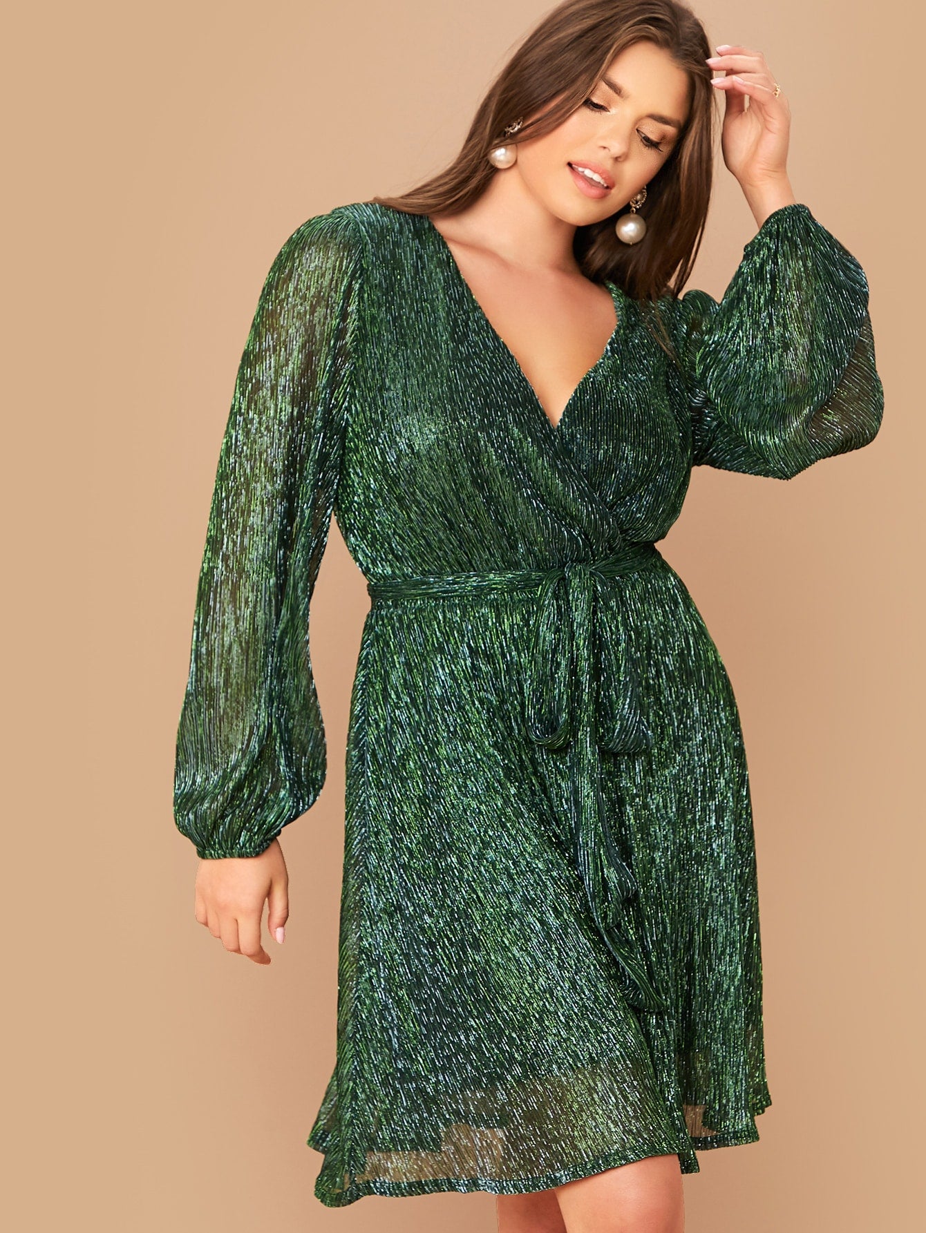  Plus Lantern Sleeve Surplice Neck Belted Metallic Dress