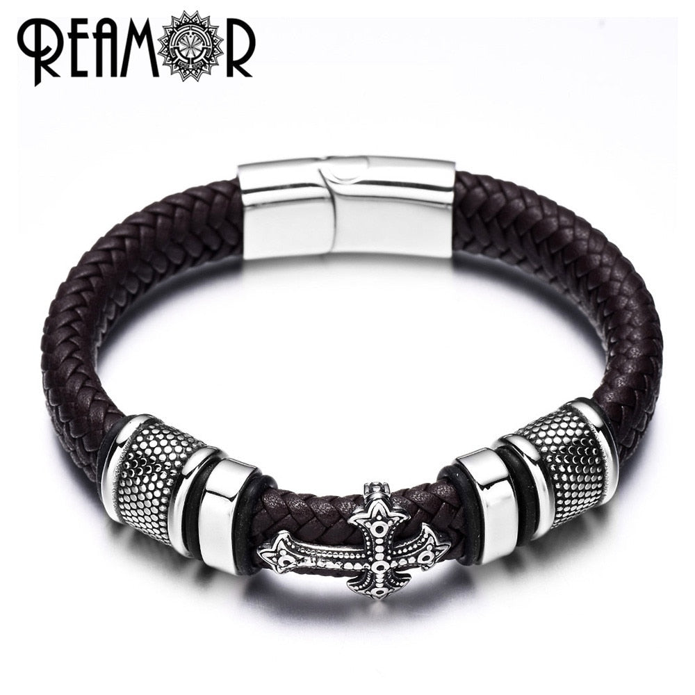 REAMOR 12mm Width Braided Leather Men Bracelets 316L Stainless Steel Cross Charms Cuff Bracelets Bangles Trendy Male Jewelry