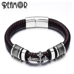 Load image into Gallery viewer, REAMOR 12mm Width Braided Leather Men Bracelets 316L Stainless Steel Cross Charms Cuff Bracelets Bangles Trendy Male Jewelry
