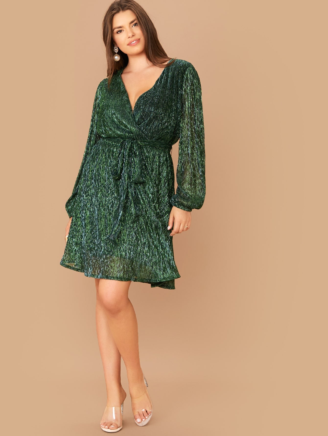  Plus Lantern Sleeve Surplice Neck Belted Metallic Dress