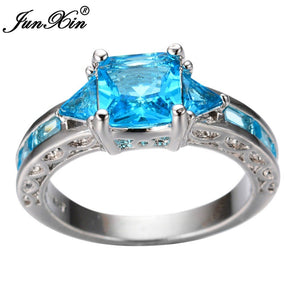 JUNXIN New Fashion Geometric Ring Women Light Blue 10KT White Gold Ring Promise Engagement Rings Gifts For Girlfriend