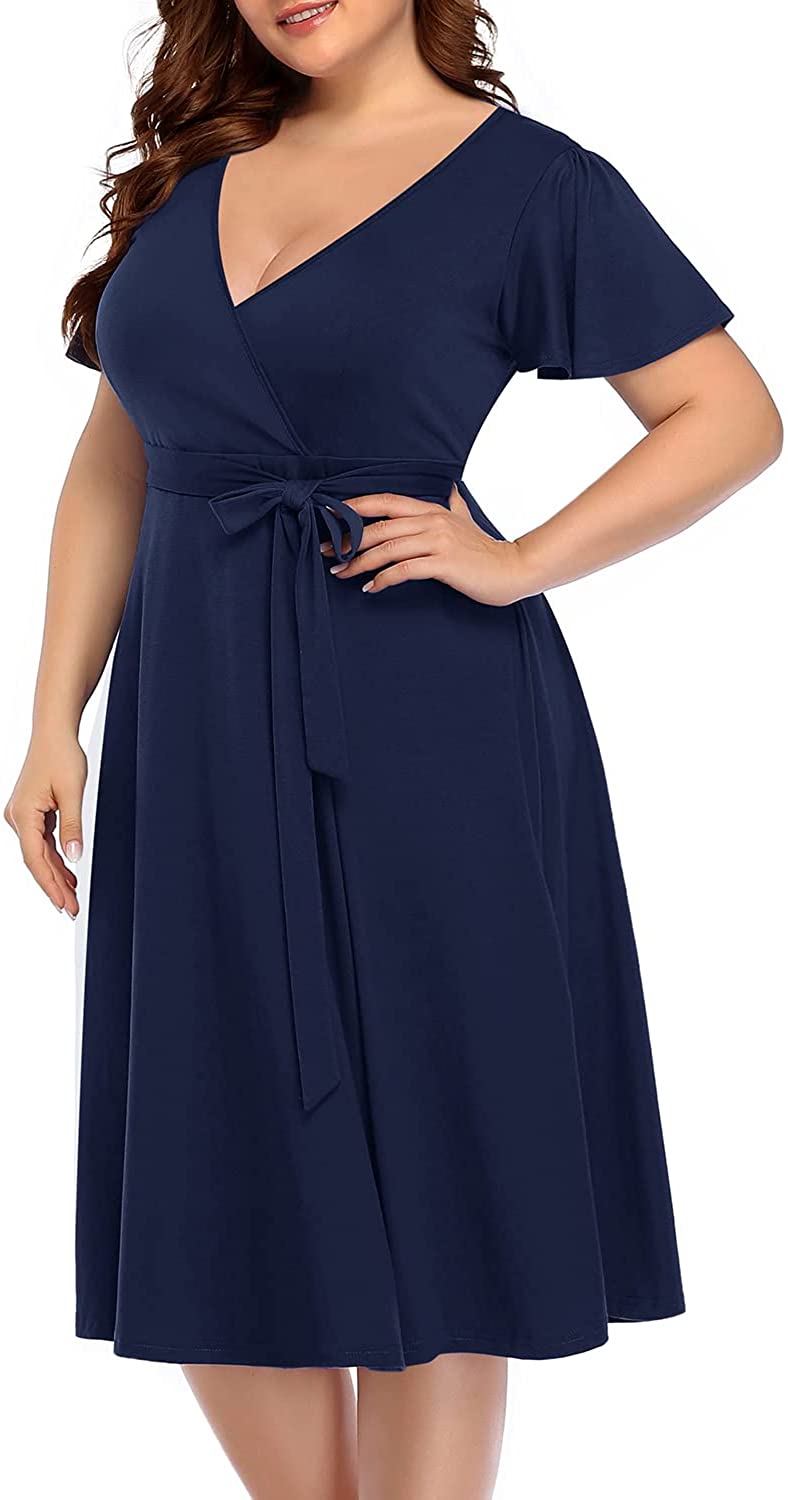 Women‘s Plus Size Faux Wrap V Neck Short Sleeve Midi Wedding Guest Party Casual Dresses