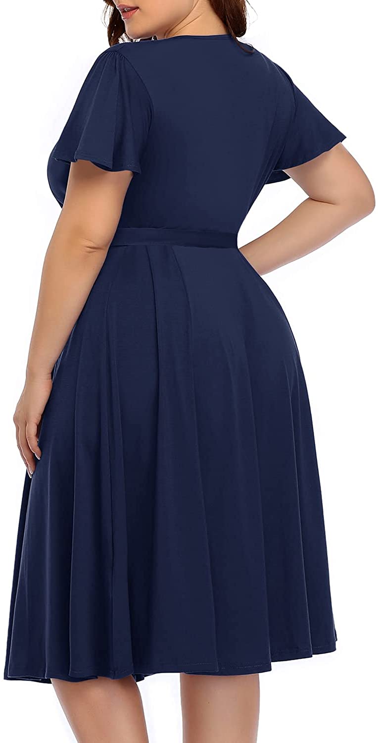 Women‘s Plus Size Faux Wrap V Neck Short Sleeve Midi Wedding Guest Party Casual Dresses