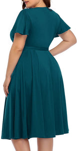 Women‘s Plus Size Faux Wrap V Neck Short Sleeve Midi Wedding Guest Party Casual Dresses