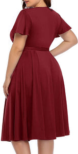 Women‘s Plus Size Faux Wrap V Neck Short Sleeve Midi Wedding Guest Party Casual Dresses