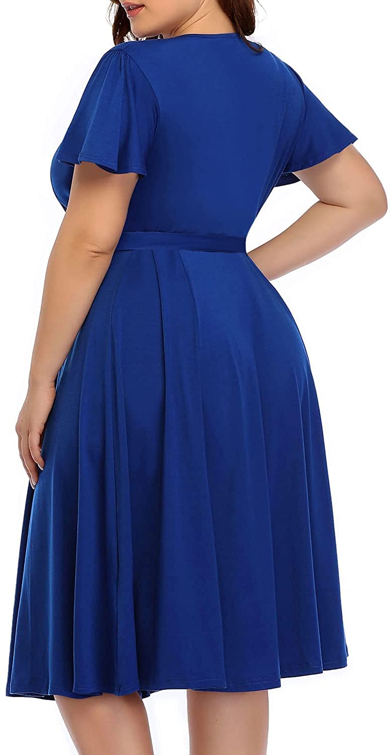 Women‘s Plus Size Faux Wrap V Neck Short Sleeve Midi Wedding Guest Party Casual Dresses