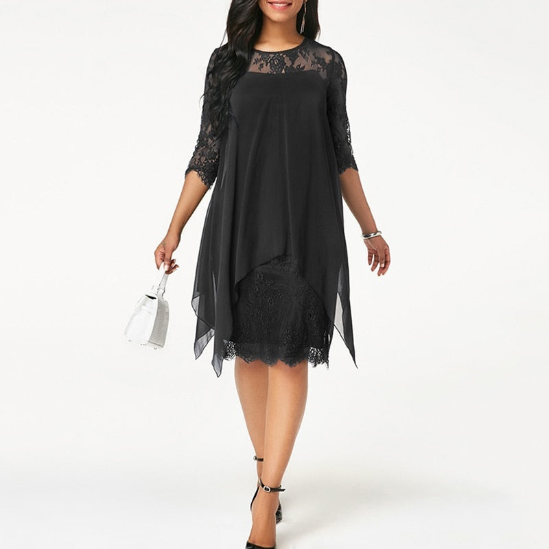 Plus Size Chiffon Dresses Women New Fashion Chiffon Overlay Three Quarter Sleeve Stitching Irregular Hem Lace Dress