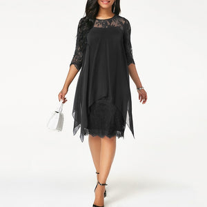 Plus Size Chiffon Dresses Women New Fashion Chiffon Overlay Three Quarter Sleeve Stitching Irregular Hem Lace Dress