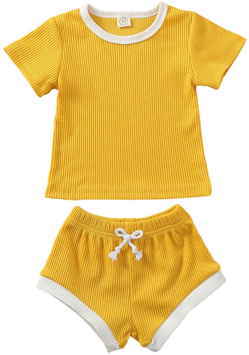 Newborn Baby Boys Girls Summer Outfits Infant Ribbed Knitted Cotton Short Sleeve T-Shirt + Shorts Two Piece Clothes Set