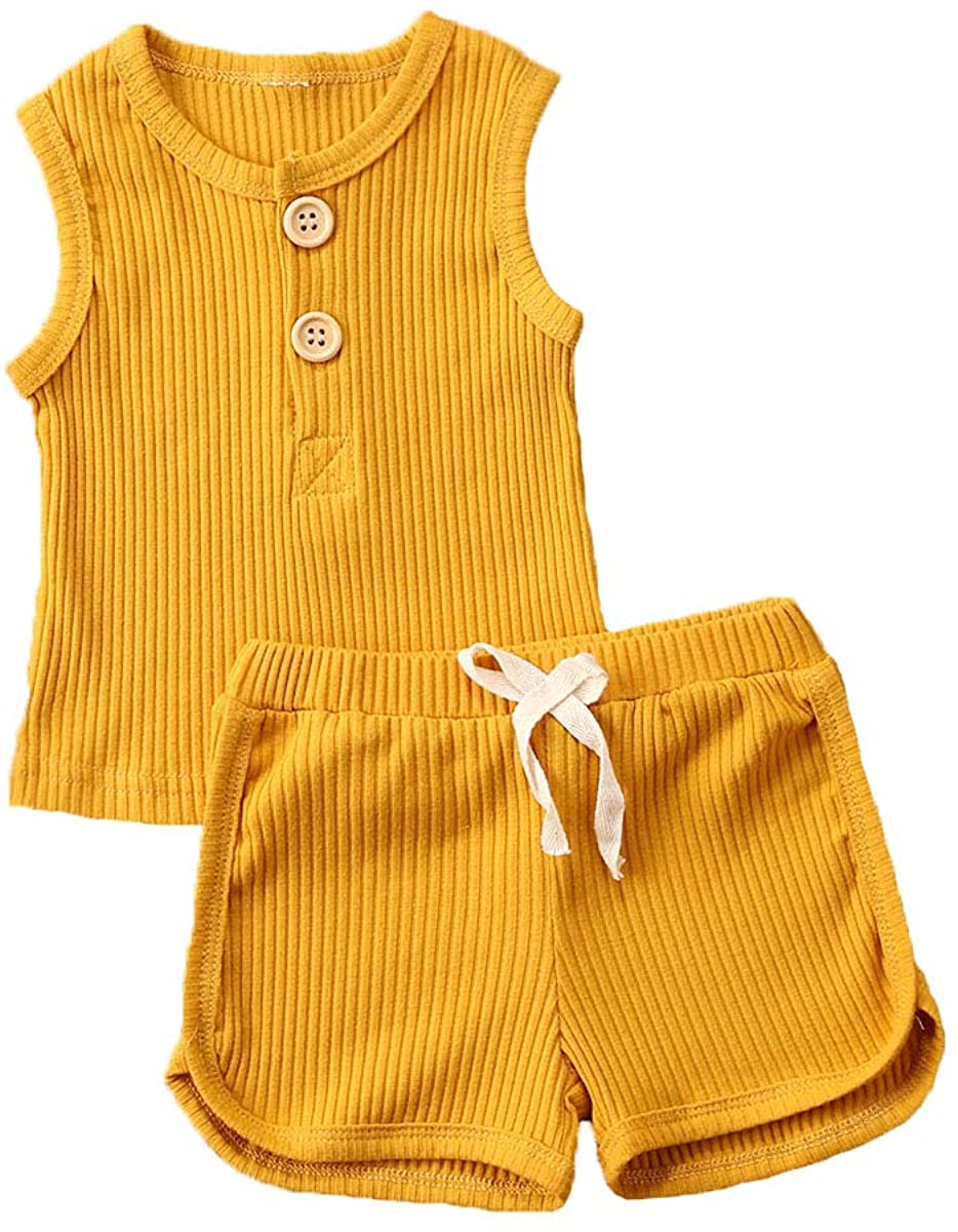 Newborn Baby Boys Girls Summer Outfits Infant Ribbed Knitted Cotton Short Sleeve T-Shirt + Shorts Two Piece Clothes Set