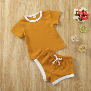 Newborn Baby Boys Girls Summer Outfits Infant Ribbed Knitted Cotton Short Sleeve T-Shirt + Shorts Two Piece Clothes Set