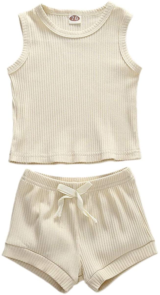 Newborn Baby Boys Girls Summer Outfits Infant Ribbed Knitted Cotton Short Sleeve T-Shirt + Shorts Two Piece Clothes Set