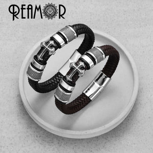 REAMOR 12mm Width Braided Leather Men Bracelets 316L Stainless Steel Cross Charms Cuff Bracelets Bangles Trendy Male Jewelry