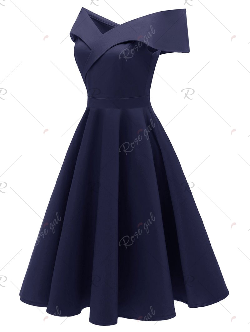 Off The Shoulder Foldover Cocktail Dress - Deep Blue - L