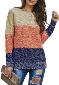 CANIKAT Women's Crewneck Color Block Striped Sweater Long Sleeve Loose Knit Pullover Jumper Tops